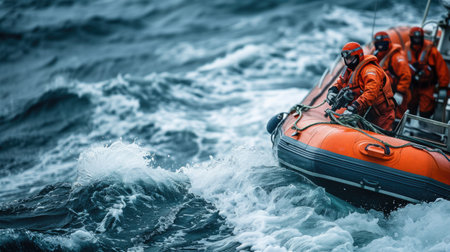 A coastguard speedboat cuts through the waves at high speed during a rescue operation, showcasing urgency and precision. AIG41の素材