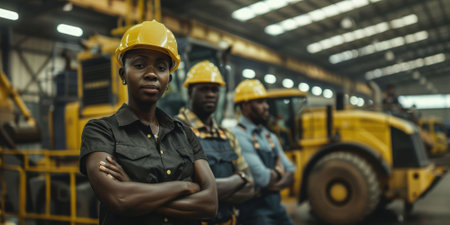 group portrait of construction workers with background of excavation machinery aigx04の素材