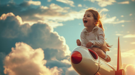 The side view of the picture that has the child flying into the bright sky with the flying object that has been called the rocket yet the size of a rocket so small but it size same with child. AIGX03.の素材