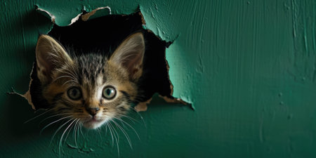 Close up view picture of the hollow green hole on the the wall that show the cat stay inside the wall that has been made from some material yet still can be break to look through other side. AIGX03.の素材