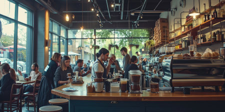 The hustle of a busy coffee shop with patrons enjoying their drinks and baristas crafting coffee, creating a lively community space. Resplendent.の素材