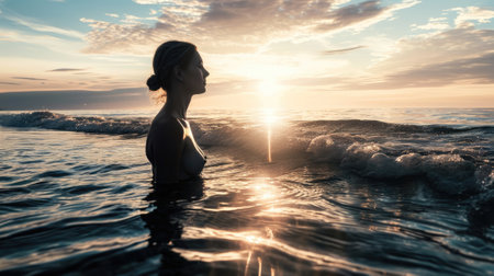 The picture of the young or adult female human doing the standing pose for relaxation or meditating the mind in the middle of the nature under bright sun in the daytime of a dawn or dusk day. AIGX03.の素材