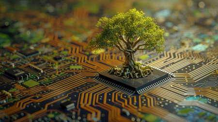 The bottom angle view of the growing green tree on the cpu on the land of the greenish mainboard and yellowish circuits of the motherboard that seem so large and make the tree looks so small. AIGX03.の素材