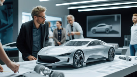 A team of individuals is collaborating on designing and assembling a model car, using components like tires, wheels, vehicle body parts, lights, and mirrors. AIG41の素材