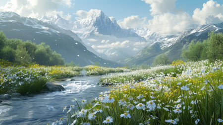 Vibrant wildflowers and a mountain stream with snowy peaks in the background. Resplendent.の素材
