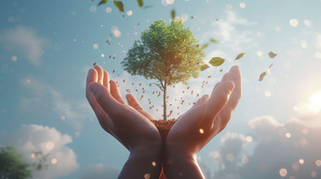Conceptual image of a tree flourishing from soil held in human hands, symbolizing growth and environmental care. AIG41の素材