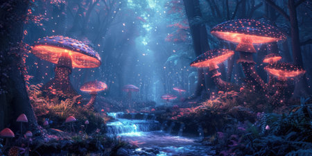 An ethereal scene of an enchanted forest illuminated by the soft glow of mystical, oversized mushrooms along a serene stream. Resplendent.の素材