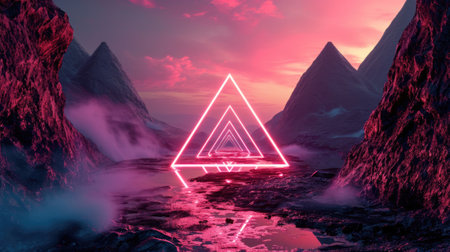 The great pink floating triangle beyond the river that surrounded with a lot amount of the tall mountains at the dawn or dusk time of the day that shine light to the every part of the picture. AIGX03.の素材