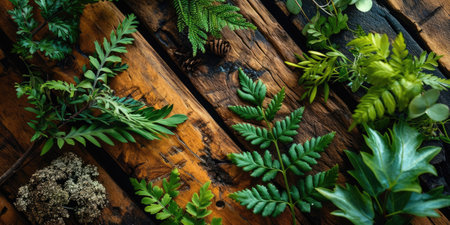 The picture of nature that focused to the green leaf from tree in the forrest that stay on ground and got illuminated with bright light of a sunlight in the summer or spring time of the year. AIGX03.の素材