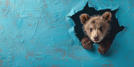 Close up view picture of the hollow blue hole on the the wall that show the bear stay inside the wall that has been made from some material yet still can be break to look through other side. AIGX03.の素材