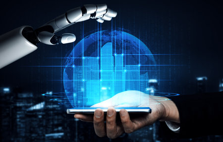 XAI 3D rendering artificial intelligence AI research of robot and cyborg development for future of people living. Digital data mining and machine learning technology design for computer brain.の写真素材
