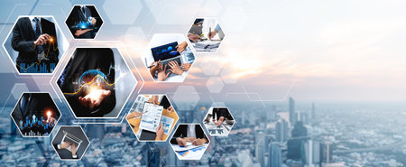 Futuristic business digital financial data technology concept for future big data analytic and business intelligence research for businessman analyst invest decisions making panoramic banner vexelの写真素材