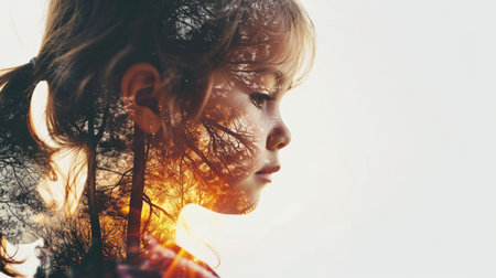 The closeup double exposure between the caucasian young girl and the beautiful vividly nature that the picture, it stands for the peaceful of the life or relaxation with the beautiful nature. AIGX01.の素材