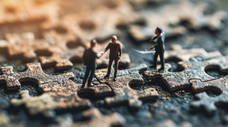 The miniature varies group of employed people that standing still on the uncompleted jigsaw board trying to work together to find the solution for the problem that they talking to each other. AIGX03.の素材