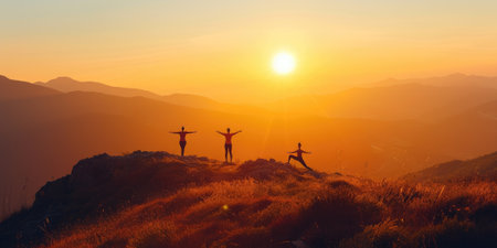 Group of people practicing yoga poses at sunrise on a mountain peak above the clouds, symbolizing peace and mindfulness. Resplendent.の素材