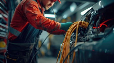 An engineer is using a drill to work on an electrical box, wearing electric blue workwear and safety gloves, handling wires and metal. AIG41の素材