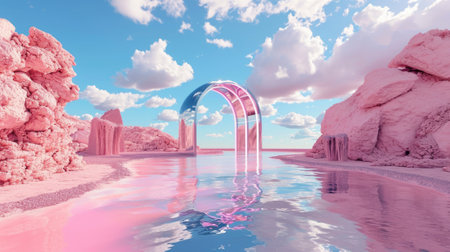 The metallic portal in the middle of the clear river that connected to the ocean that has surrounded with the bright blue cloudy sky and the pink desert with the pink tree and pink mountain. AIGX03.の素材