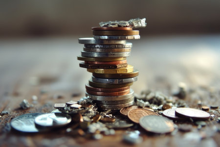 Economic downturn, debt crisis and market crash concept shown by shattering coins AIG41の素材