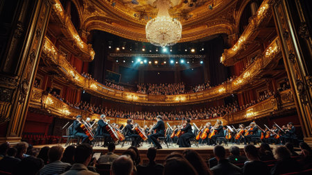 An elegant classical music concert, orchestra in full performance, audience captivated, in a grand historic theater. Resplendent.の素材