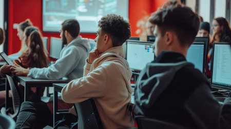 A group of people sitting at desks in a computer lab, using personal computers with computer monitors as display devices. AIG41の素材
