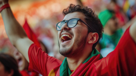 A fan wearing a hat joyfully shouts and waves the Portuguese flag in the stadium among the entertained crowd during the event. AIG41の素材