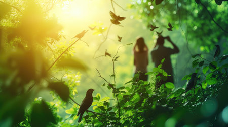 young explorers use binoculars to observe a colorful bird, immersed in the vibrant foliage of a dense forest. AIG41の素材