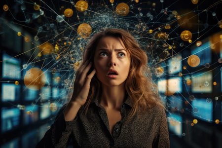 Business person overloaded by stress from business data and information that come from work, technology, social media and marketing business strategy received by a corporate employeeの素材