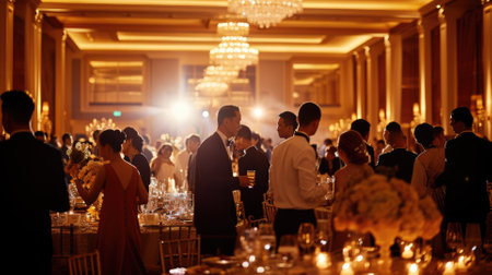 An elegant evening event, people in formal attire, beautifully decorated venue, capturing the essence of a sophisticated gathering. Resplendent.の素材