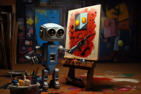 Concept of generative AI art technology, robot painting picture in studio. comelinessの素材