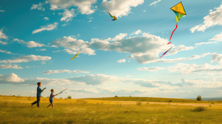 A group of people are flying kites in a grassy field under the azure sky with fluffy cumulus clouds floating in the atmosphere. AIG41の素材