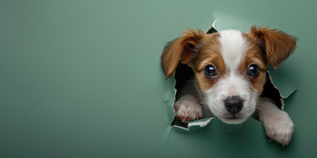 Close up view picture of the hollow green hole on the the wall that show the dog stay inside the wall that has been made from some material yet still can be break to look through other side. AIGX03.の素材