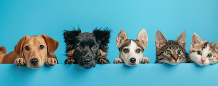 The picture of front view and close up of the multiple group of the various cat and dog in front of the bright blue background that look back to the camera with the curious and interest face. AIGX03.の素材