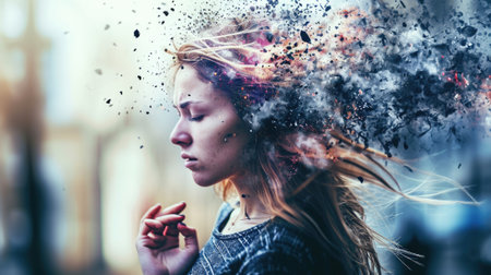 The picture that about the human face with different facial expression with colourful blowing effect near their head that can be portrayed feeling when they received too much the information. AIGX03.の素材