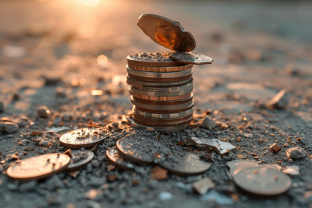 Economic downturn, debt crisis and market crash concept shown by shattering coins AIG41の素材