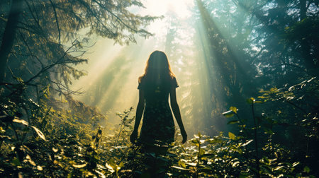 The picture of the young or adult female human doing the standing pose for relaxation or meditating the mind in the middle of the nature under bright sun in the daytime of a dawn or dusk day. AIGX03.の素材