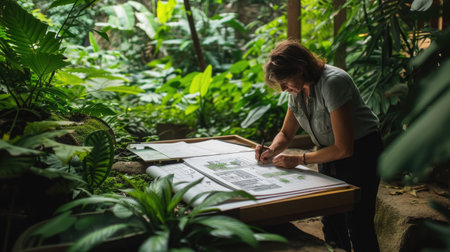 An overhead view of a landscape architect analyzing garden design plans amidst a lush green setting. AIG41の素材