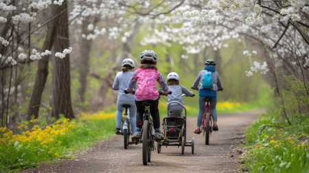 A group of people enjoy cycling on their bicycles through a beautiful natural landscape, surrounded by trees, grass, and plants. AIG41の素材