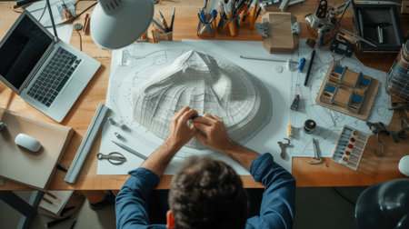 An industrial designer meticulously works on a prototype design in a workshop surrounded by various drafting tools and sketches. AIG41の素材