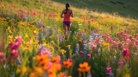 A female athlete in vibrant sportswear runs energetically through a field adorned with colorful wildflowers during a race. AIG41の素材