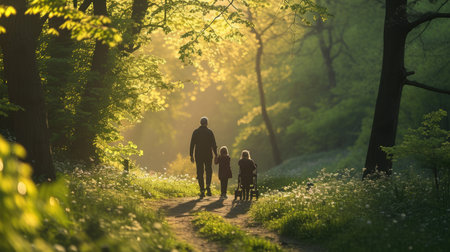 A woman and child stroll through a forest, hand in hand, amidst trees, plants, and natural woodland landscape. AIG41の素材