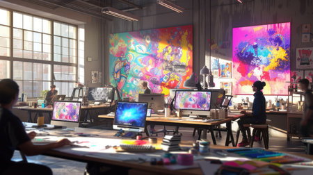A man is using a computer in an office building, surrounded by tables, paintings, and art in a magenta-themed room. AIG41の素材