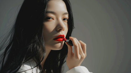 The picture of the red lips young beautiful asian woman looking at the camera while holding the red lipstick near the mouth while wearing white shirt with white background for advertisement. AIGX01.の素材
