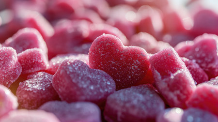 The close up view of picture of a lot of the pink candy, sweet, sugar, and jelly that has been put around the table or floor and gathered together and has been filled with various type sweet. AIGX01.の素材