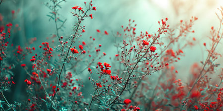 The close up abstract picture of the red flower and green plant that has been growing and blooming from beautiful view in the bright nature that cannot be found in the any normal situation. AIGX01.の素材