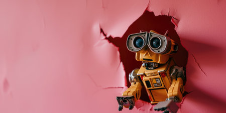 Close up view picture of the hollow pink hole on the the wall that show the robot stay inside the wall that has been made from some material yet still can be break to look through other side. AIGX03.の素材