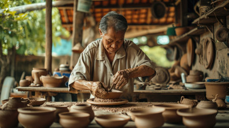 An experienced potter meticulously shapes wet clay on a spinning wheel in a rustic pottery workshop surrounded by his creations. Resplendent.の素材