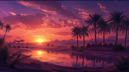 A tranquil oasis scene at sunset with silhouettes of camels and towering palm trees reflected in water. Resplendent.の素材