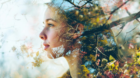 The closeup double exposure picture between young adult beautiful female caucasian human and bright beautiful nature in the morning or evening that the picture stand for peaceful of the life. AIGX01.の素材