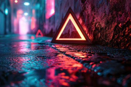 The great orangish triangle that standing on the ground floor yet still feel so small when compare to wall that standing near the orangish triangle and orange light of the dark thick triangle. AIGX03.の素材