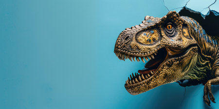 Close up view picture of the hollow blue hole on the the wall that show the t.rex stay inside the wall that has been made from some material yet still can break to look through the other side. AIGX03.の素材